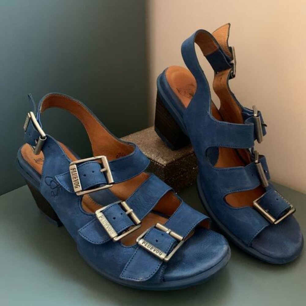 Fluevog, Hopeful Sunny - Blue Suede Strappy Sandals